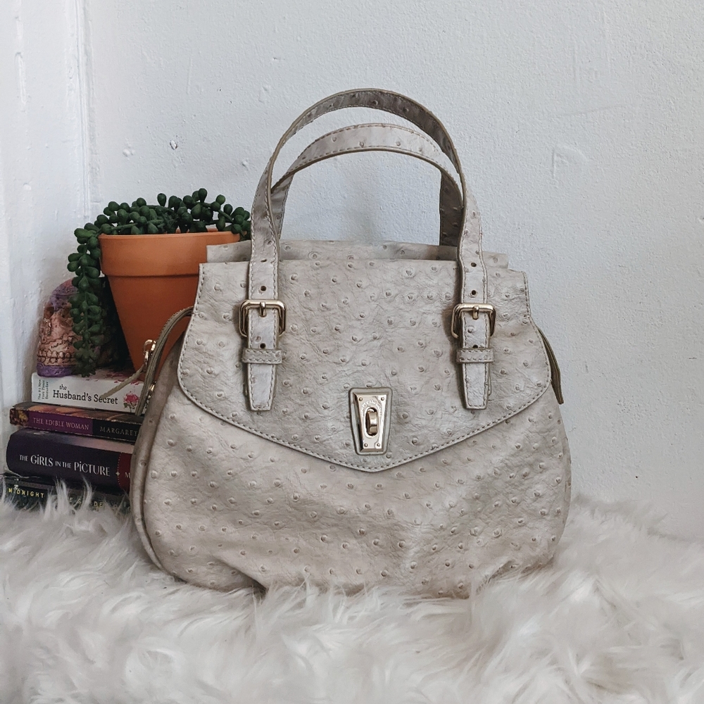 Marc Jacobs Aurora Ostrich Embossed Beige Satchel Purse Beige Off White